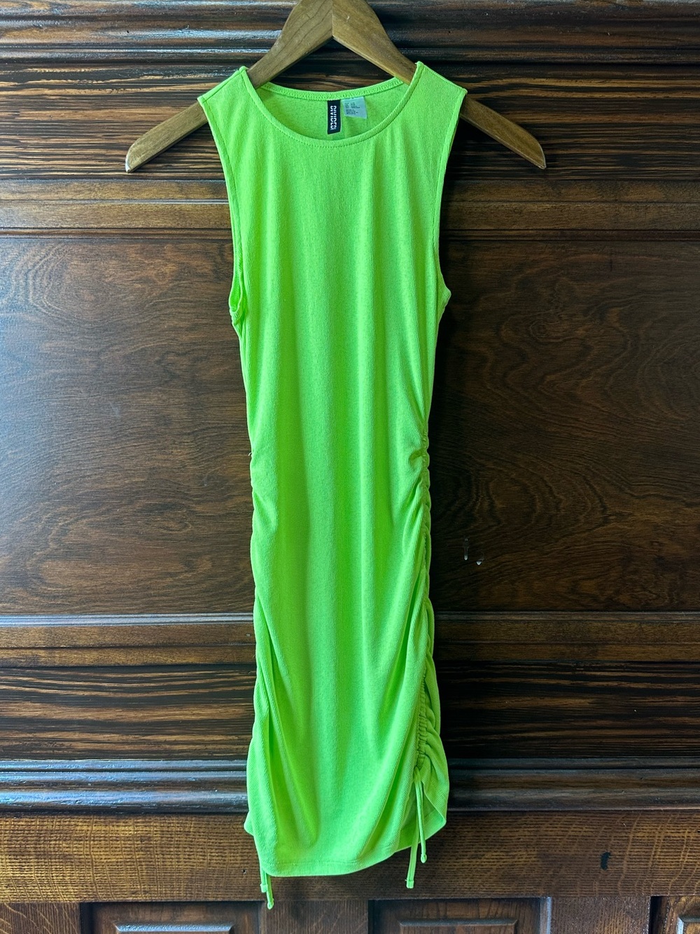 H&M Divided Neon Lime Green Ruched Side Bodycon Tank Dress Size XXS